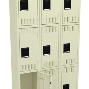 A beige locker unit with nine compartments arranged in three rows. Each compartment has a black handle. The bottom left locker door is open, showing an empty interior.