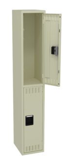 A tall, beige locker with an open top door and a closed bottom door. The interior of the top compartment is empty, revealing a metal lock mechanism inside the door. The locker has a simple, industrial design.