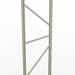 A single, tall, light gray metal shelf frame with perforated beams. It has diagonal and horizontal supports for stability, standing on a flat, white background.