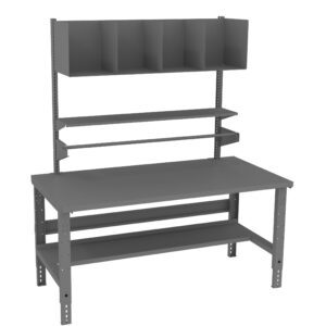 A gray, metal workbench with a flat tabletop and multiple shelves above. The top section has five open compartments, and there are two narrow horizontal shelves below them. The bench has adjustable legs and a lower shelf.