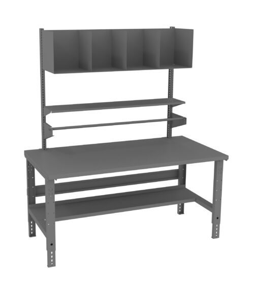 zk1n3a0n3eksvl1gygsb.jpg A gray, metal workbench with a flat tabletop and multiple shelves above. The top section has five open compartments, and there are two narrow horizontal shelves below them. The bench has adjustable legs and a lower shelf.