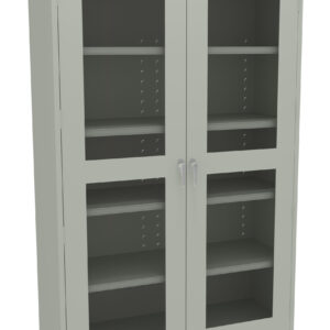 A tall, gray storage cabinet with two glass doors and four shelves. The doors have metal handles and the shelves are evenly spaced. The cabinet is empty and stands upright against a plain white background.