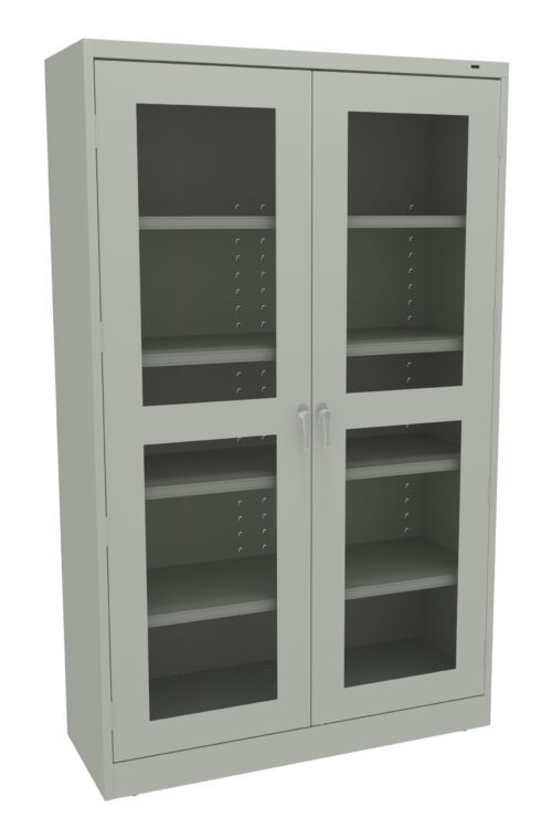 A tall, gray storage cabinet with two glass doors and four shelves. The doors have metal handles and the shelves are evenly spaced. The cabinet is empty and stands upright against a plain white background.
