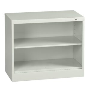 A white, two-shelf metal cabinet with an open front and a flat top. The interior is empty, and it has a simple, minimalist design.