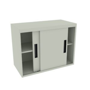 A light gray cabinet with two sliding doors, each featuring a vertical black handle. The left door is partly open, revealing two shelves inside. The cabinet stands on a flat surface.