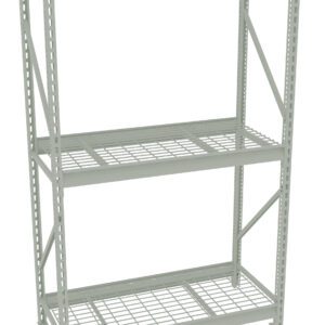 A metal storage rack with three shelves, featuring a grid-like wire design for the shelves, and cross-braced supports on the sides. The rack is empty and set against a plain white background.