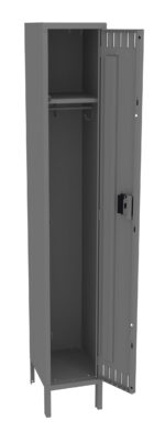 A tall, gray metal locker with one door open, revealing a shelf at the top, a hanging rod with hooks, and a padlock on the door. The design is simple and utilitarian.