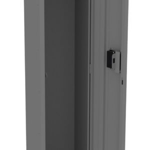 A tall, gray metal locker with one door open, revealing a shelf at the top, a hanging rod with hooks, and a padlock on the door. The design is simple and utilitarian.