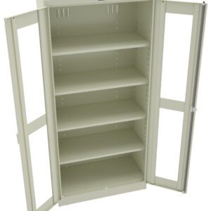 An open, light gray metal storage cabinet with four adjustable shelves and two glass-panel doors. The interior is empty, and the cabinet is designed for organizing and storing items.