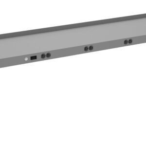 A long, gray metal power strip with multiple black and red outlets and a black switch. The design is rectangular with two short, protruding side panels and a slightly angled back panel.