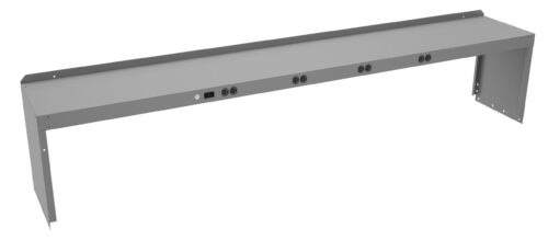 A long, gray metal power strip with multiple black and red outlets and a black switch. The design is rectangular with two short, protruding side panels and a slightly angled back panel.