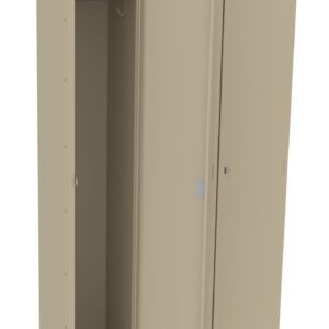A beige metal locker with three compartments, one door slightly ajar. Inside, a metal rod is visible for hanging items. The surface is smooth and unadorned, with a minimalist design.
