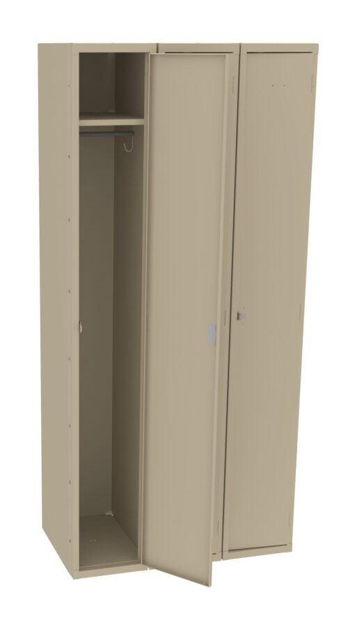 A beige metal locker with three compartments, one door slightly ajar. Inside, a metal rod is visible for hanging items. The surface is smooth and unadorned, with a minimalist design.