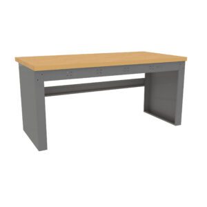A simple rectangular table with a light wooden top and gray metal legs. The design is minimalist, suitable for office or home use. The table has a sturdy appearance with no visible drawers or shelves.