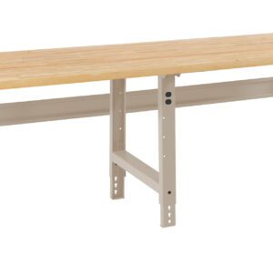 A wooden-top workbench with a light beige metal frame and adjustable legs, designed for industrial or workshop use. The bench has a sturdy construction and a minimalist design, suitable for various tasks.