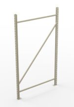 Metal shelving frame with two vertical beams, a horizontal beam at the top, and a diagonal support beam. The structure is freestanding on a white background, with multiple holes along the vertical beams for adjustable shelving.