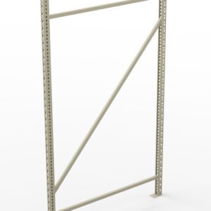 Metal shelving frame with two vertical beams, a horizontal beam at the top, and a diagonal support beam. The structure is freestanding on a white background, with multiple holes along the vertical beams for adjustable shelving.