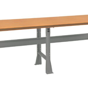 A sturdy workbench with a brown wooden top and gray metal legs. The bench is rectangular and positioned against a white background.
