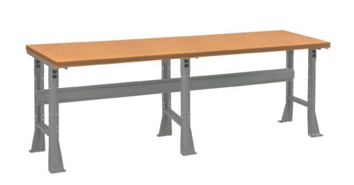 zwpfncpbk7xf0z8dh3aw.jpg A sturdy workbench with a brown wooden top and gray metal legs. The bench is rectangular and positioned against a white background.
