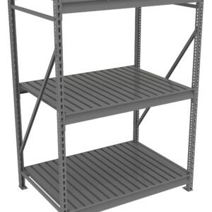 A metal shelving unit with three adjustable slatted shelves. The frame is made of sturdy vertical and horizontal beams, suitable for heavy storage. The design is simple and industrial.