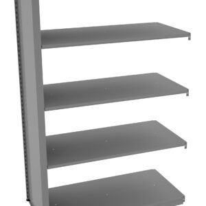 Metal shelving unit with five rectangular, evenly spaced shelves. The shelves are supported on the left side by a vertical metal panel, with open space on the other sides. The unit is angled slightly to the left.