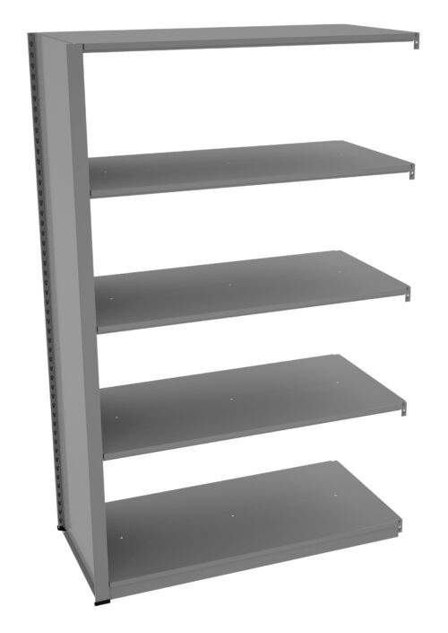 zxslwbjltudcyzvtiu5s.jpg Metal shelving unit with five rectangular, evenly spaced shelves. The shelves are supported on the left side by a vertical metal panel, with open space on the other sides. The unit is angled slightly to the left.