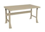 A beige rectangular metal workbench with adjustable-height legs and a flat tabletop, set against a plain white background.