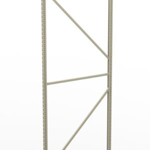Tall, beige metal shelving frame with vertical perforated beams and diagonal support bars, standing on a white background. No shelves are attached.