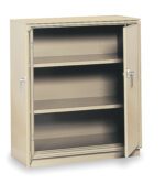 A beige metal cabinet with two adjustable shelves and two open doors stands against a plain white background, epitomizing Equipto Storage Solutions. Its simple, functional design is ideal for efficient workspace organization, offering customizable shelving systems to suit your needs.
