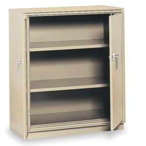 A beige metal cabinet with two adjustable shelves and two open doors stands against a plain white background, epitomizing Equipto Storage Solutions. Its simple, functional design is ideal for efficient workspace organization, offering customizable shelving systems to suit your needs.