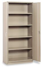 A tall beige metal storage cabinet with an open door, revealing four adjustable shelves inside. The door has a handle and a lock mechanism. The cabinet stands on the floor against a plain white background.