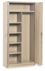 Open beige metal storage cabinet with a two-door design. Inside, there are four adjustable shelves on the left and a tall compartment with a hanging rod and hooks on the right, allowing for versatile storage options.