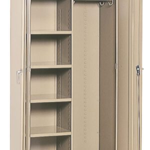 Open beige metal storage cabinet with a two-door design. Inside, there are four adjustable shelves on the left and a tall compartment with a hanging rod and hooks on the right, allowing for versatile storage options.