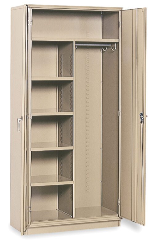 Open beige metal storage cabinet with a two-door design. Inside, there are four adjustable shelves on the left and a tall compartment with a hanging rod and hooks on the right, allowing for versatile storage options.