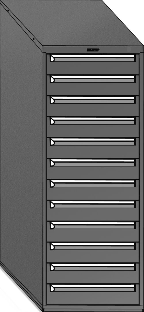 A grey metal filing cabinet with eight drawers, each featuring a horizontal handle. The cabinet is slightly angled to reveal its side, and is placed against a white background.