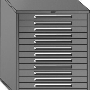 A gray, metallic drawer unit with multiple horizontal drawers stacked vertically. Each drawer has a silver handle. The unit is slightly angled to the left, displaying its depth and rectangular shape.