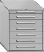 Illustration of a gray, six-drawer file cabinet with sleek horizontal handles. The cabinet is depicted from a slightly angled perspective, showing its left side and front.