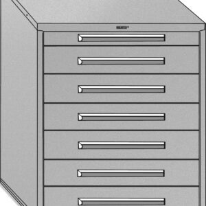 Illustration of a gray, six-drawer file cabinet with sleek horizontal handles. The cabinet is depicted from a slightly angled perspective, showing its left side and front.