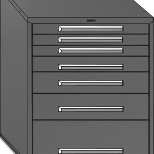 A digital illustration of a metal cabinet with seven drawers. The cabinet is a dark gray color, with each drawer featuring a sleek horizontal handle. The perspective shows the left side and the front of the structure.