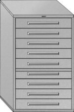 A tall, gray metal cabinet with eight horizontal drawers, each featuring sleek handles. The cabinet has a solid, industrial design.