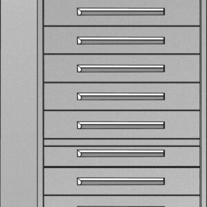 A tall, gray metal cabinet with eight horizontal drawers, each featuring sleek handles. The cabinet has a solid, industrial design.