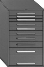 A gray metal filing cabinet with ten horizontal drawers, each with a silver handle, is shown. The drawers are evenly spaced, and the cabinet has a simple, industrial design.