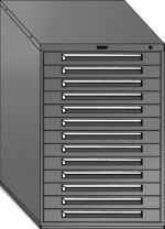 A gray metal storage cabinet with multiple horizontal drawers, each featuring a black handle. The cabinet is angled to show its side and front, suggesting its used for organizing tools or documents.