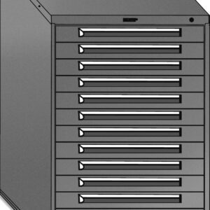 A gray metal storage cabinet with multiple horizontal drawers, each featuring a black handle. The cabinet is angled to show its side and front, suggesting its used for organizing tools or documents.