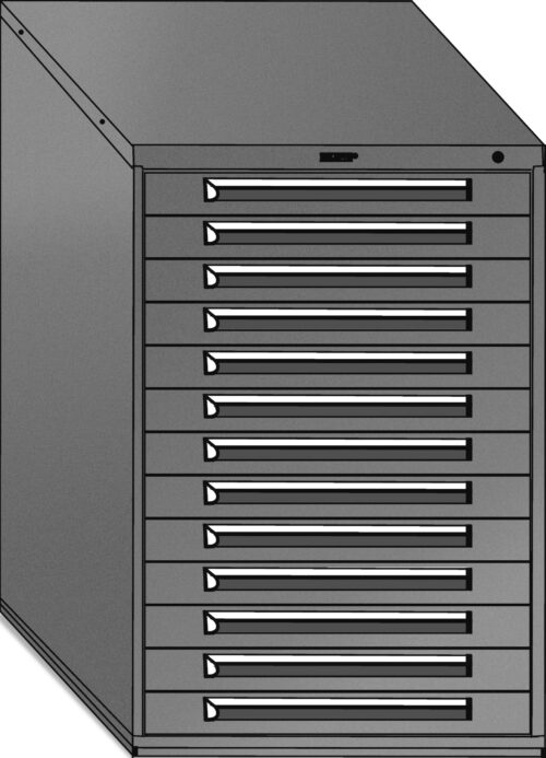 A gray metal storage cabinet with multiple horizontal drawers, each featuring a black handle. The cabinet is angled to show its side and front, suggesting its used for organizing tools or documents.
