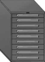 A gray, rectangular metal cabinet with eight stacked drawers. Each drawer has a slim horizontal handle. The cabinet has a minimalist design and appears sturdy, suitable for storing tools or documents.