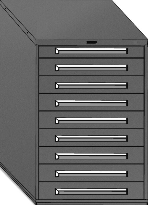A gray, rectangular metal cabinet with eight stacked drawers. Each drawer has a slim horizontal handle. The cabinet has a minimalist design and appears sturdy, suitable for storing tools or documents.