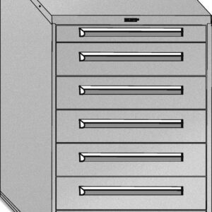 Illustration of a metal filing cabinet with seven horizontal drawers. The cabinet has a sleek design, with a small label holder on each drawer. Its shown from an angled side view, emphasizing its depth and structure.