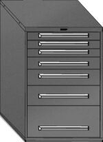 Illustration of a gray metal storage cabinet with six horizontal drawers of varying sizes. The cabinet has a rectangular shape with a slanted top, and each drawer features a sleek, long handle.