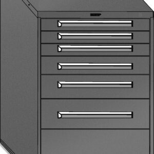 Illustration of a gray metal storage cabinet with six horizontal drawers of varying sizes. The cabinet has a rectangular shape with a slanted top, and each drawer features a sleek, long handle.